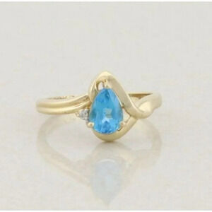 10k Yellow Gold Natural Swiss Blue Topaz & Diamond Ring Size 6